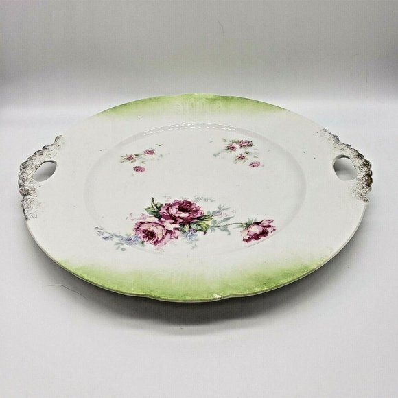 Antique Floral Double Handle Cake Serving Plate - Picture 3 of 6